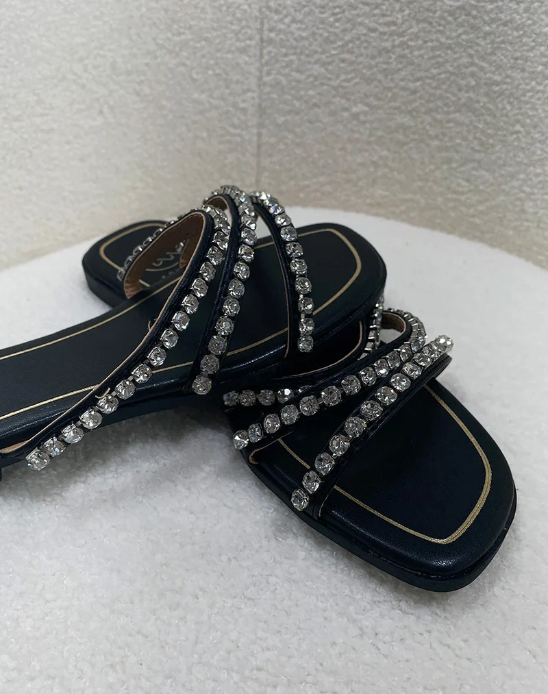 Mules plates noires à triple brides à strass