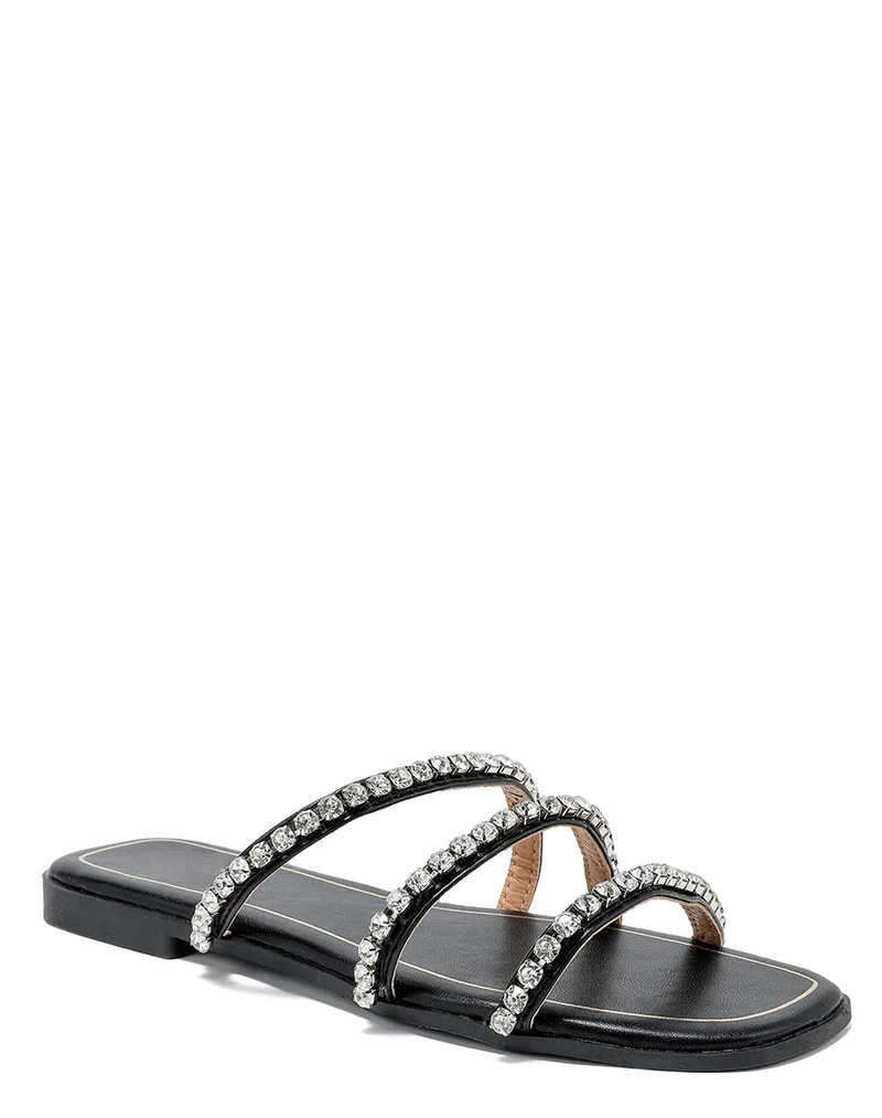Mules plates noires à triple brides à strass