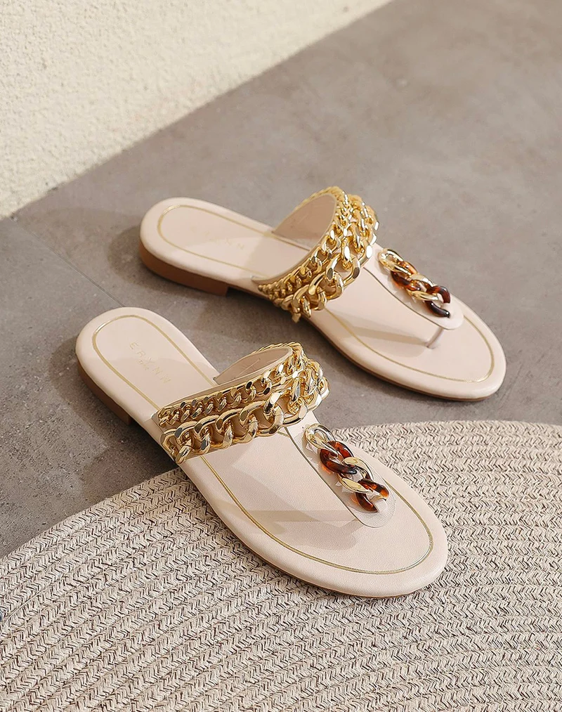 Mules à entredoigt beige avec chaines dorées