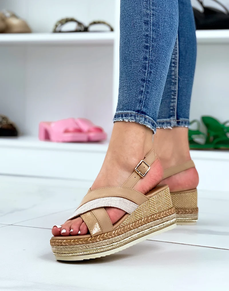 Sandales compensées beiges à brides croisées en tweed et semelle décorée