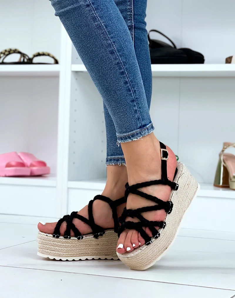 Sandales noires à lanières style corde et semelle épaisse en toile de jute