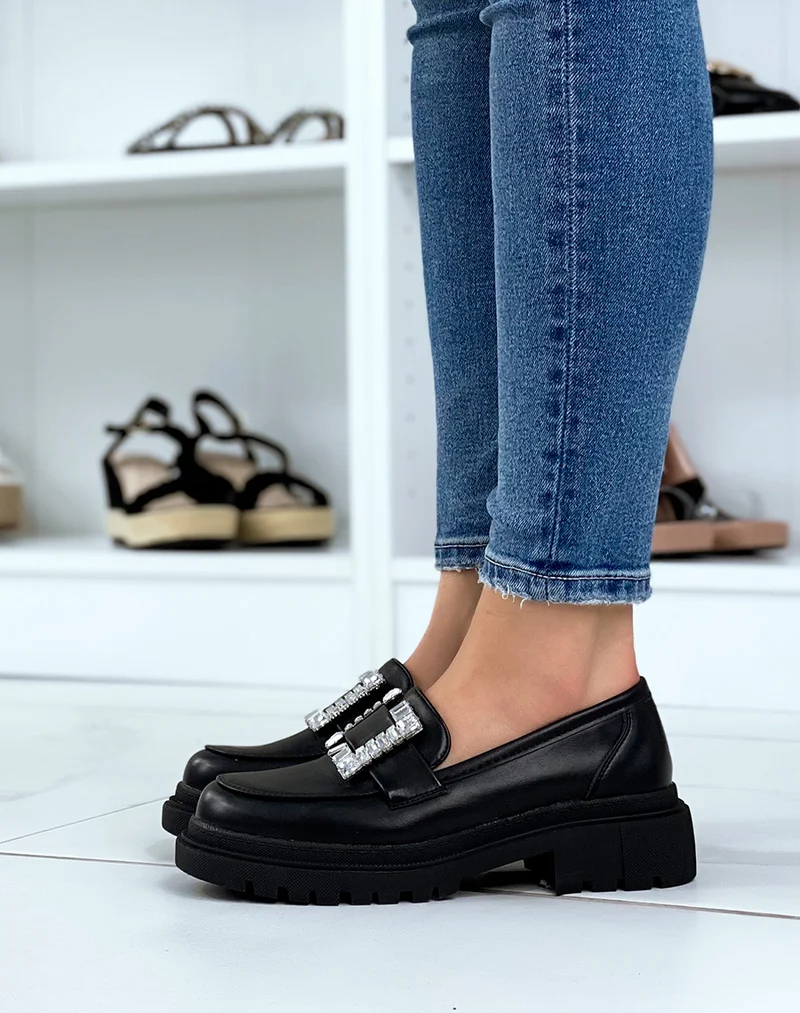 Mocassins noirs avec empiècement strass carré et semelle crantée