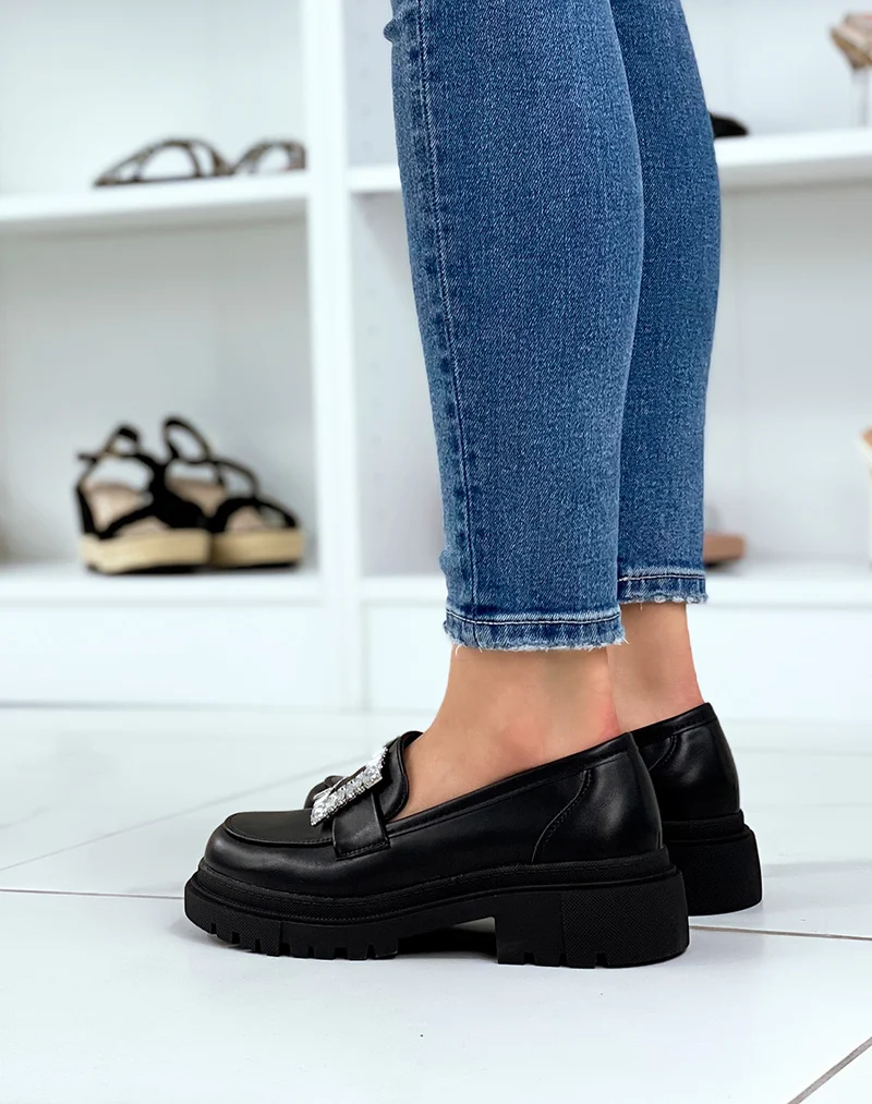 Mocassins noirs avec empiècement strass carré et semelle crantée