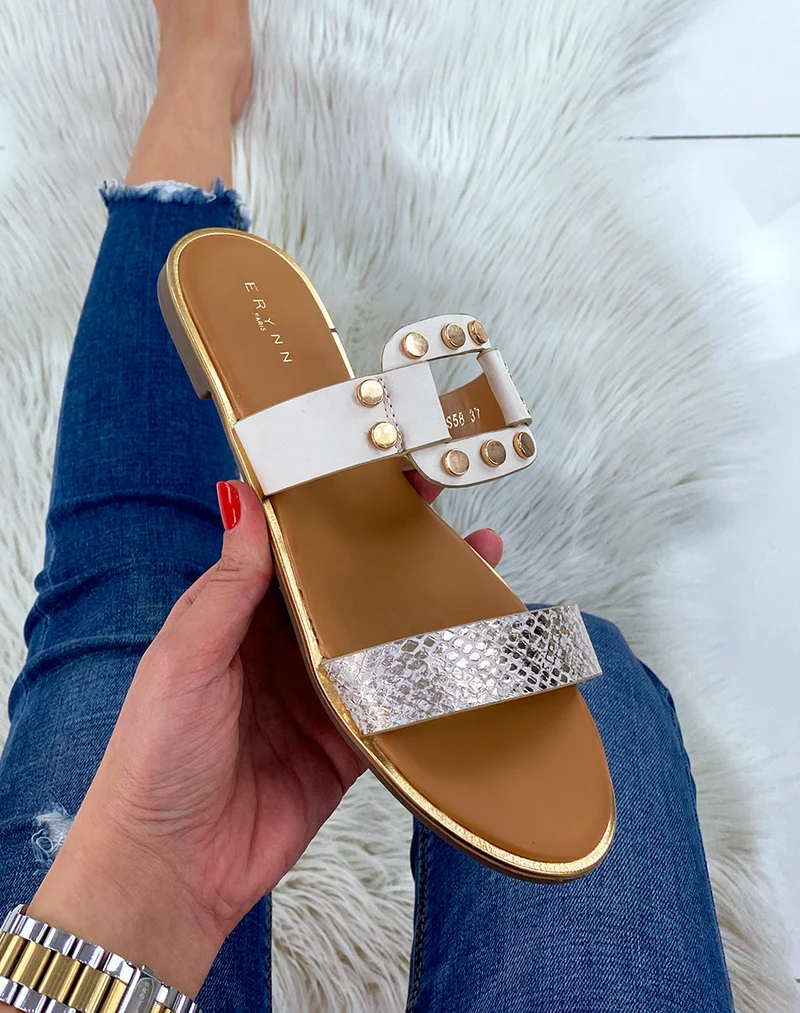 Mules plates beige à détails dorés et imprimé animalier