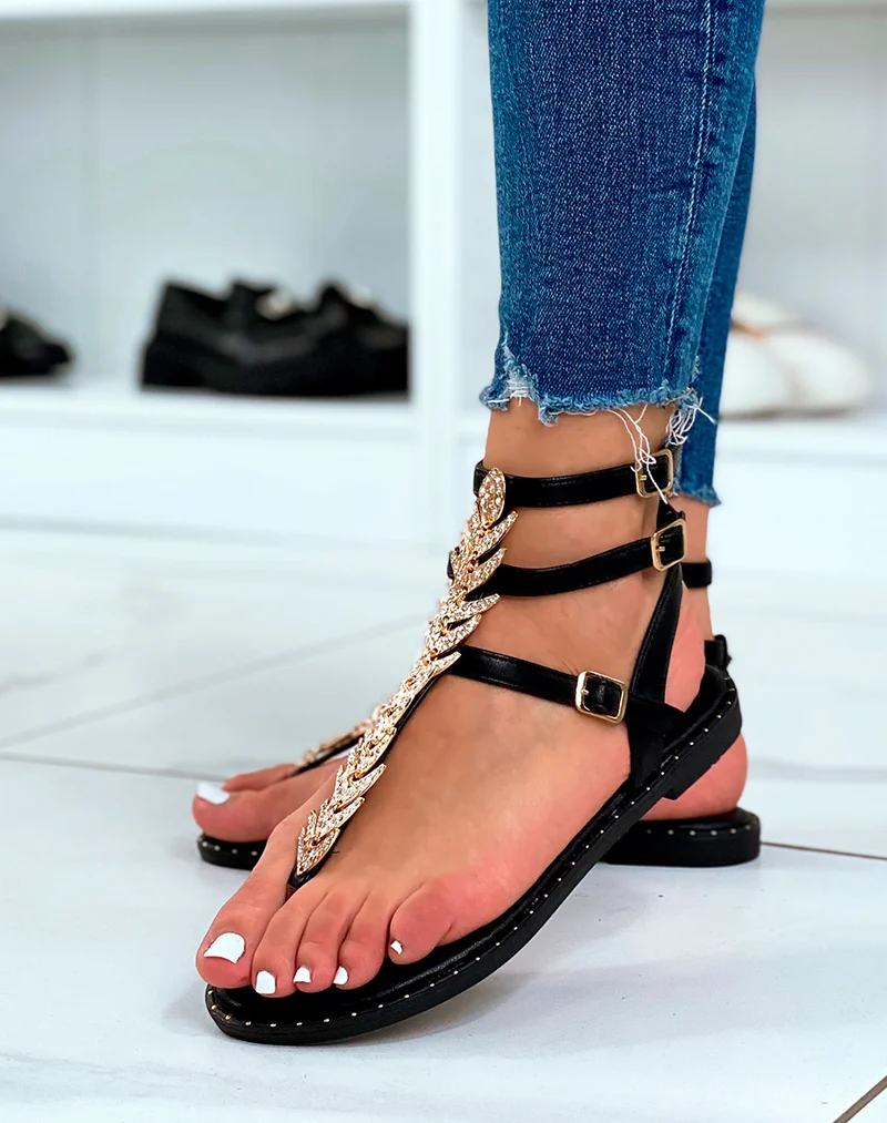 Nu-pieds noirs à bijoux dorés strassés