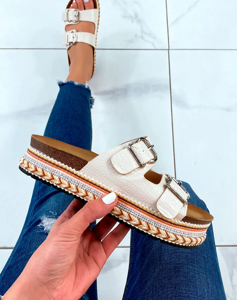 Mules à double lanières beige et grosse plateforme