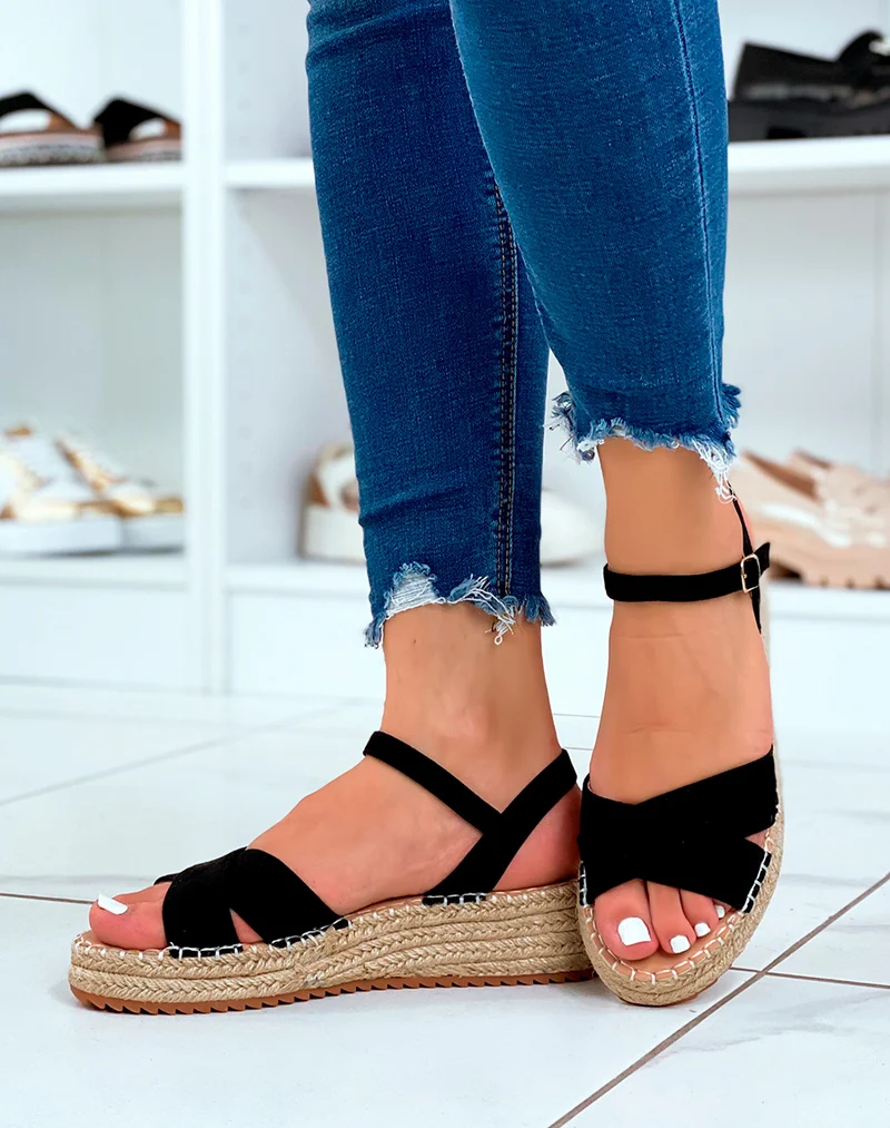 Sandales à plateforme et brides entrecroisées en suédine noire