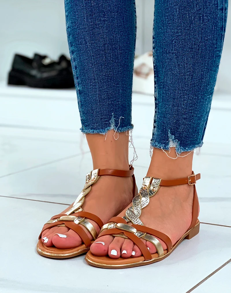 Nu-pieds camel à double brides torsadées