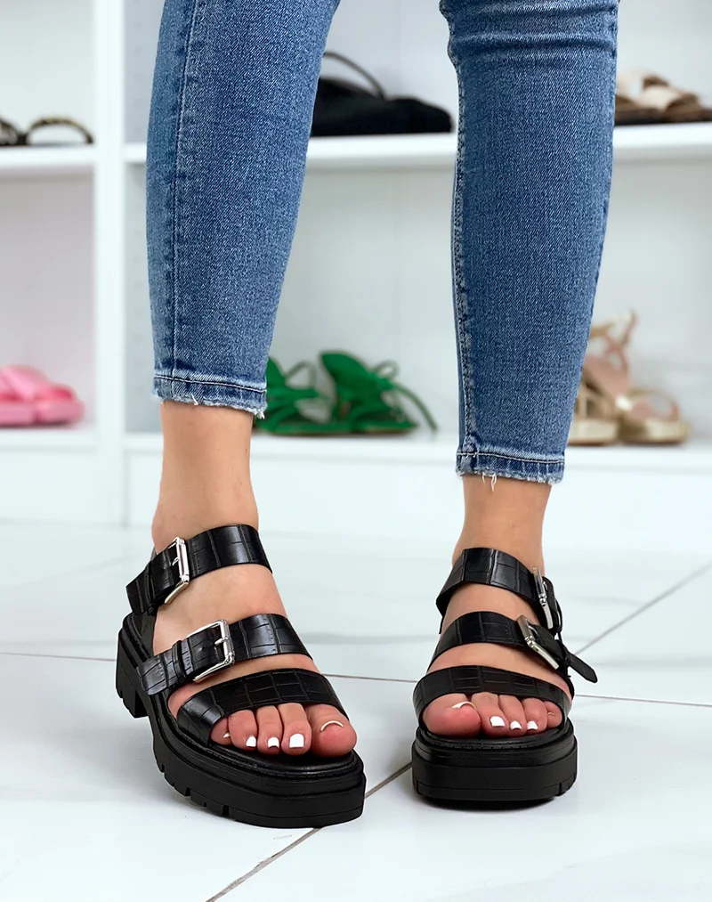 Sandales noires effet croco à multiples brides épaisses et semelle crantée