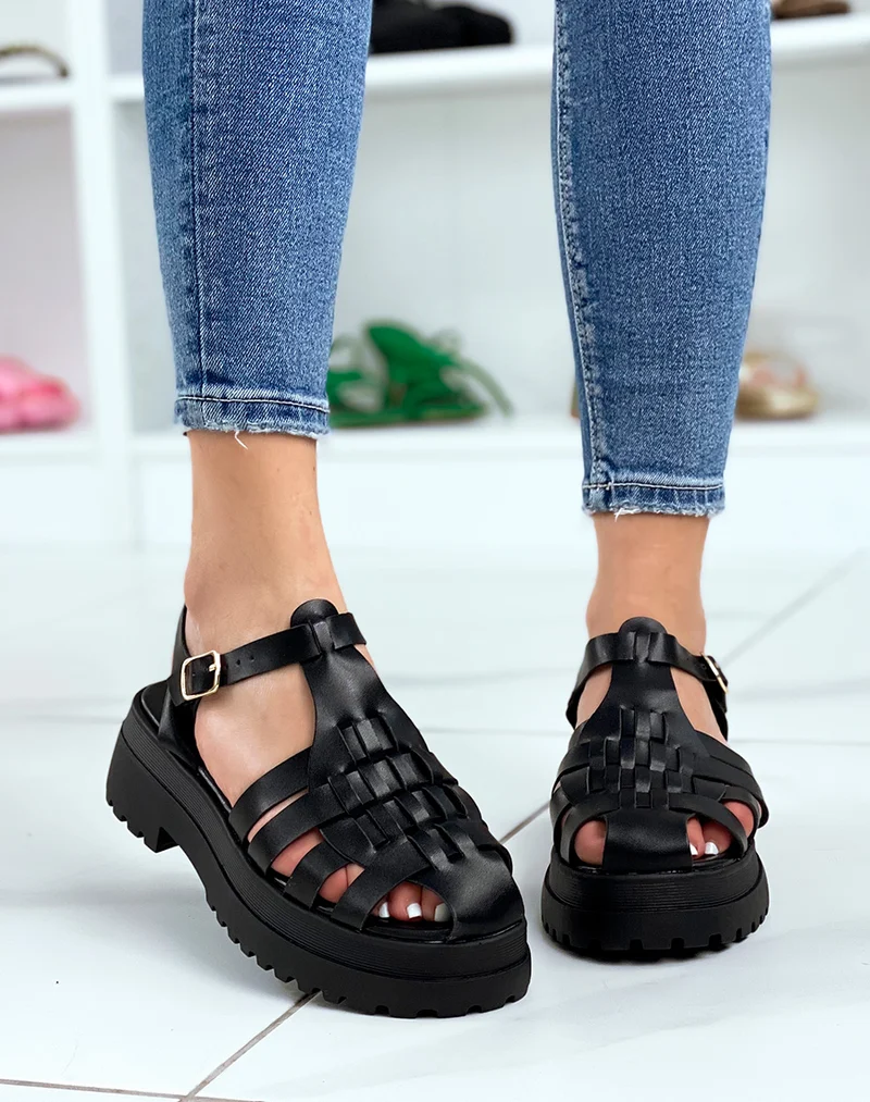 Sandales noires semi-fermées à multiples brides et semelle crantée