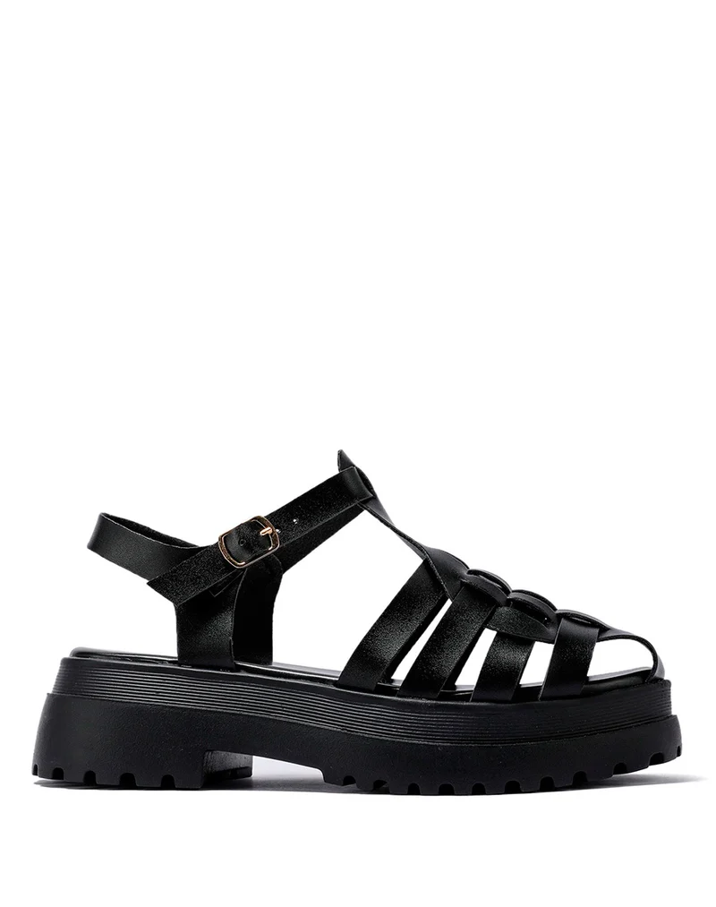 Sandales noires semi-fermées à multiples brides et semelle crantée