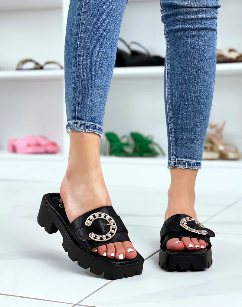 Mules noires à bijoux à strass et talon cranté