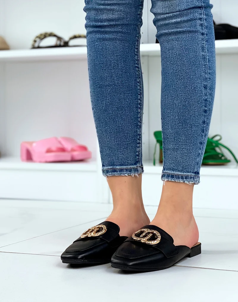 Mules mocassins noirs à bijoux doré avant