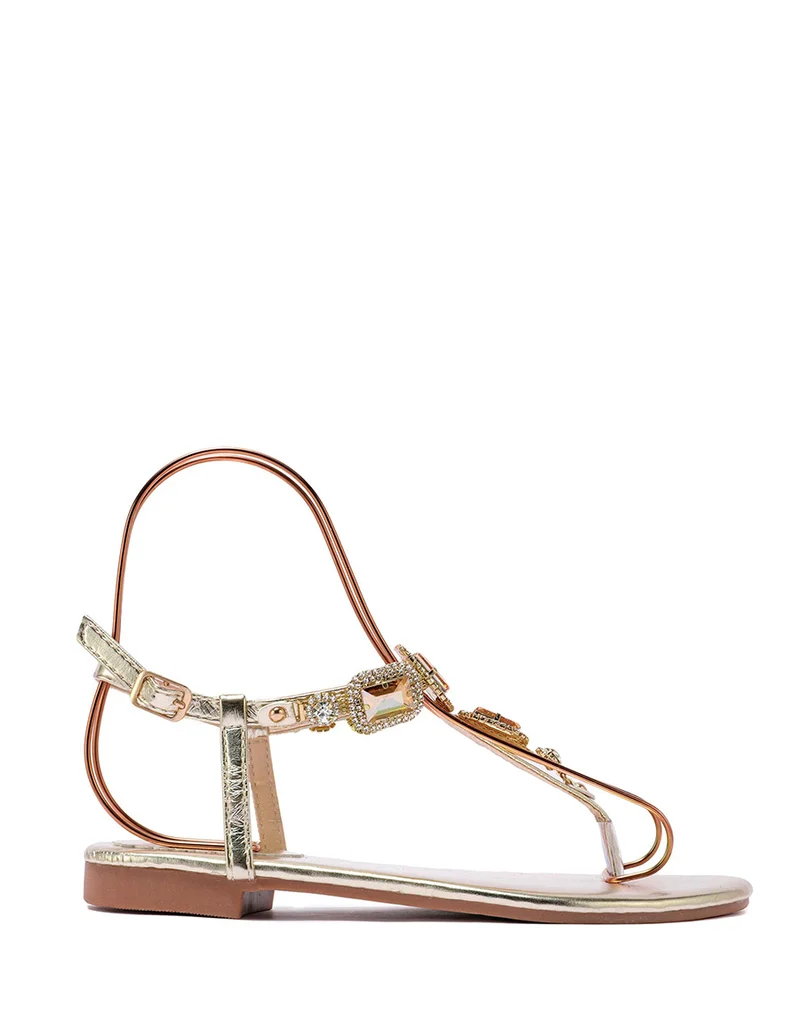 Nu-pieds dorés à bijoux carrés brillants