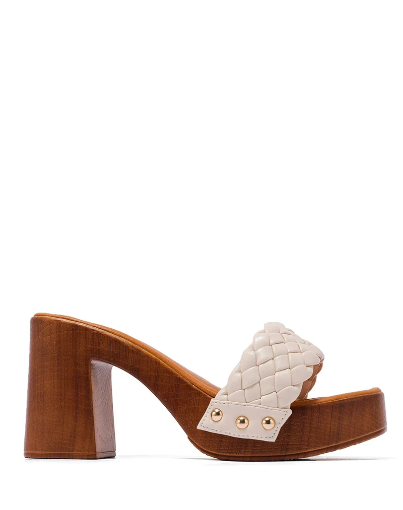 Mules tressées beige à talon style bois