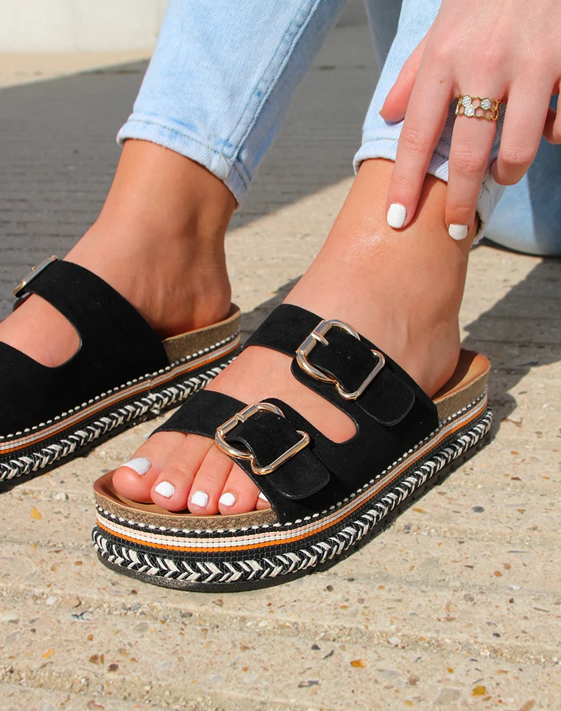 Mules plates noires à double bride et semelle aztèque