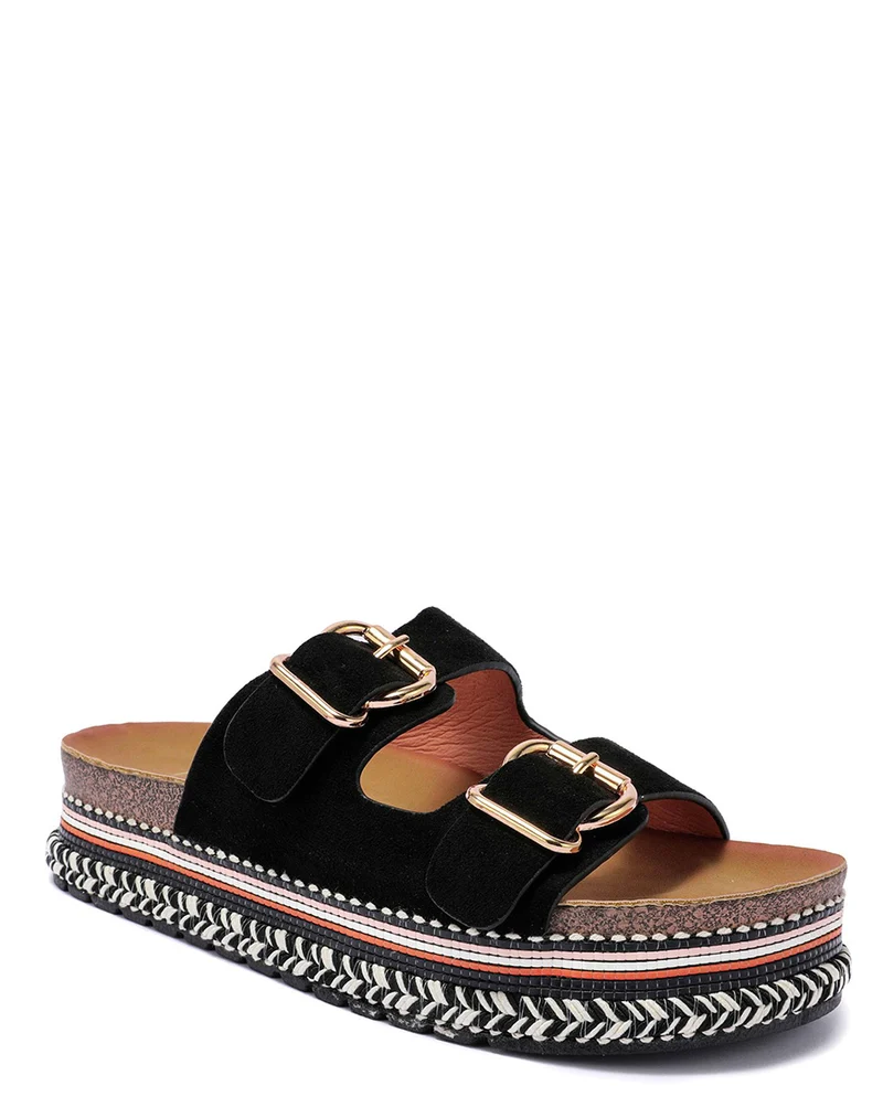 Mules plates noires à double bride et semelle aztèque