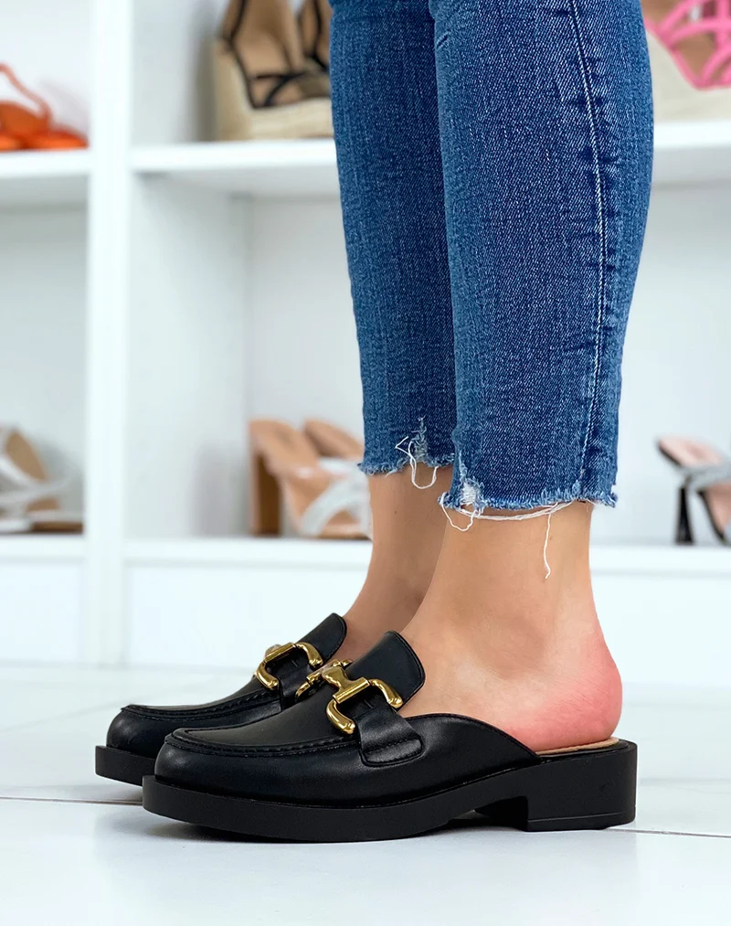 Mules mocassins noires à empiècement doré