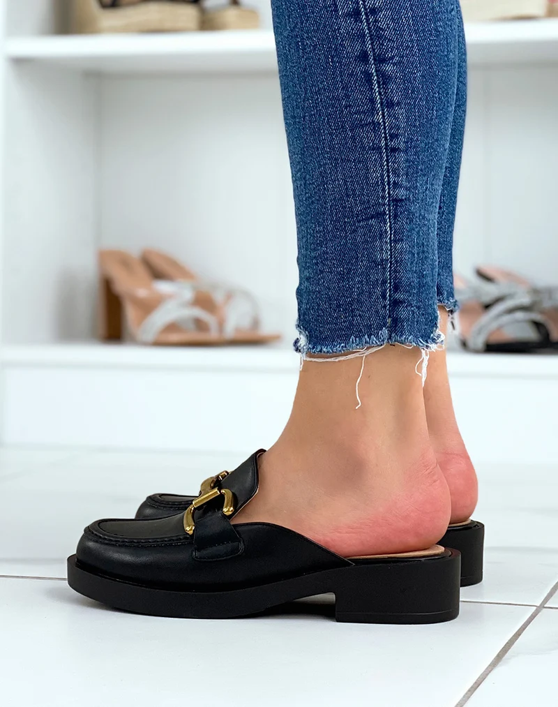 Mules mocassins noires à empiècement doré