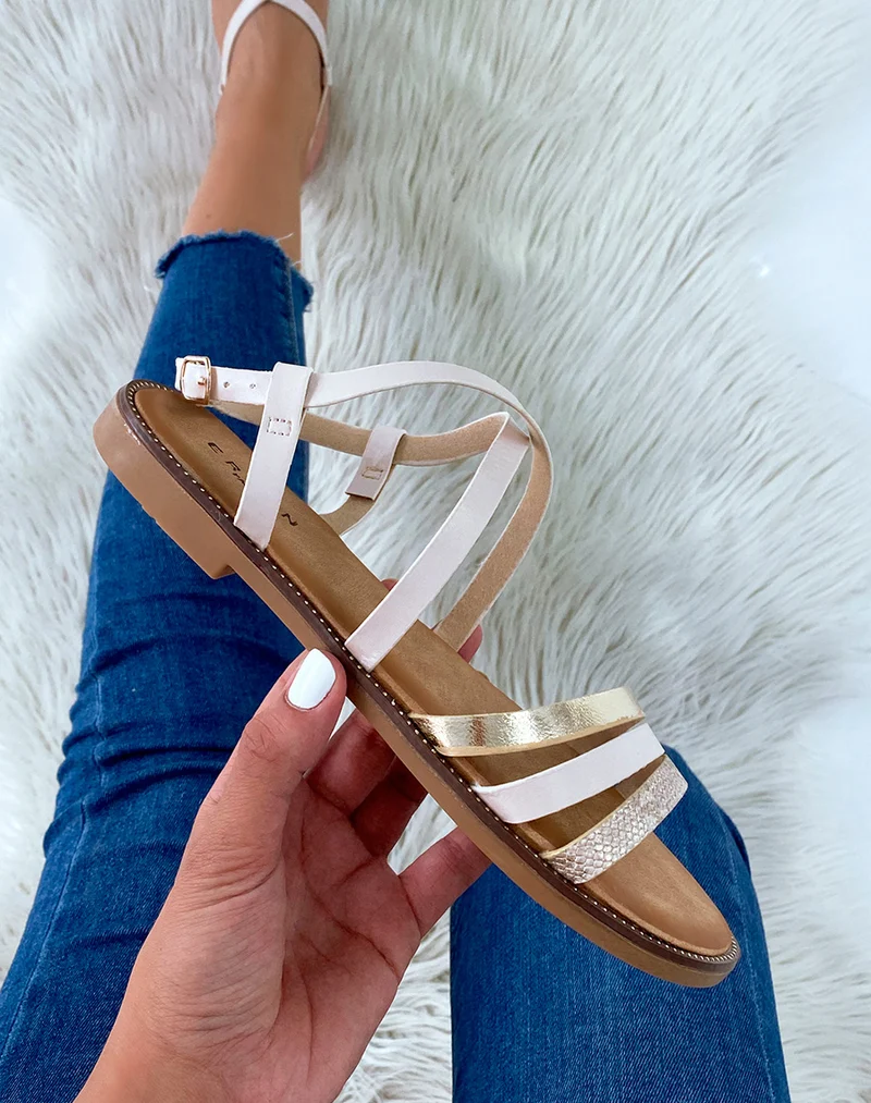 Nu-pieds beige à multiples brides et motif animalier