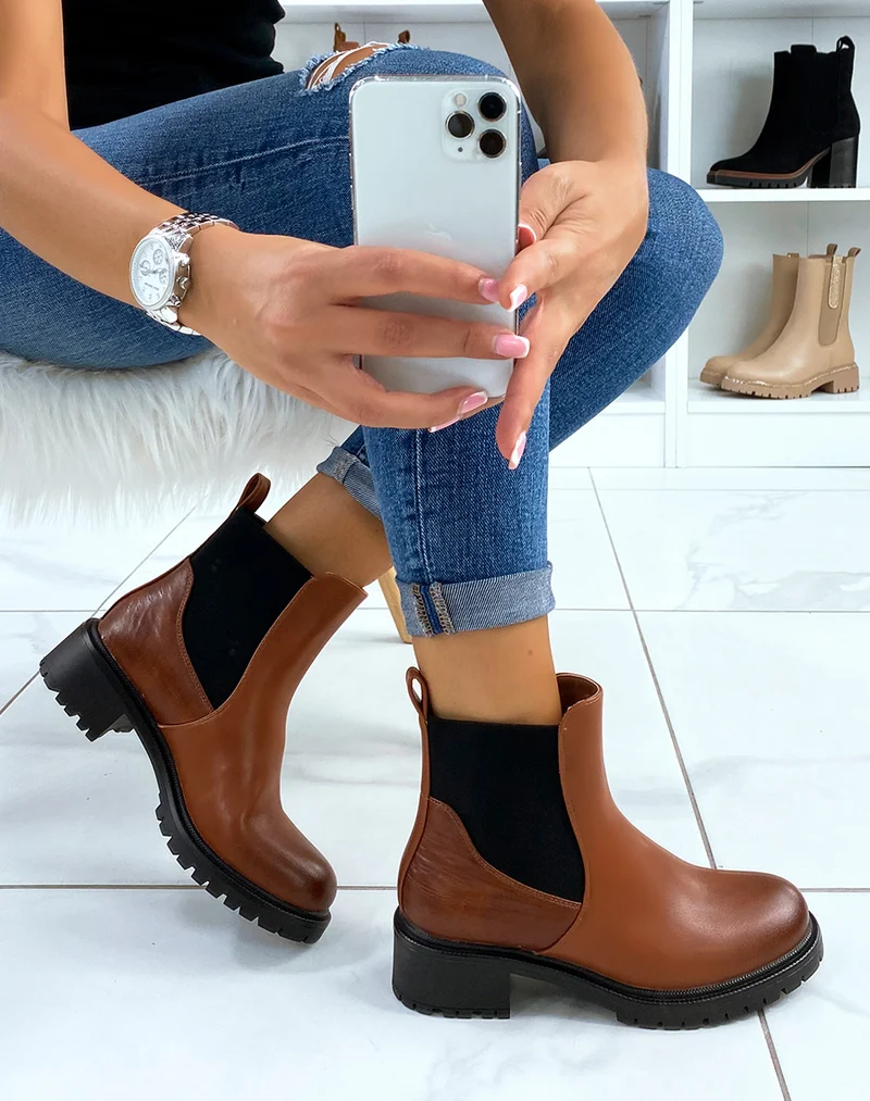 Bottines basses camel à élastique