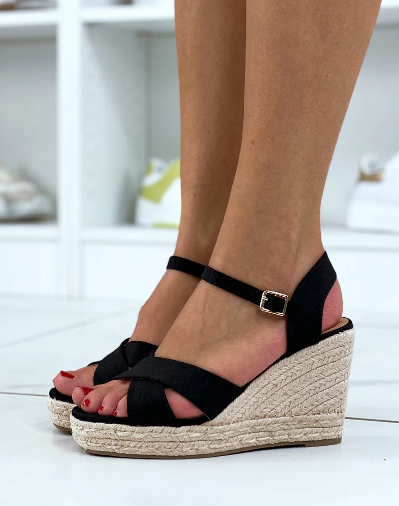 Compensées en tissu noir à brides entrecroisées