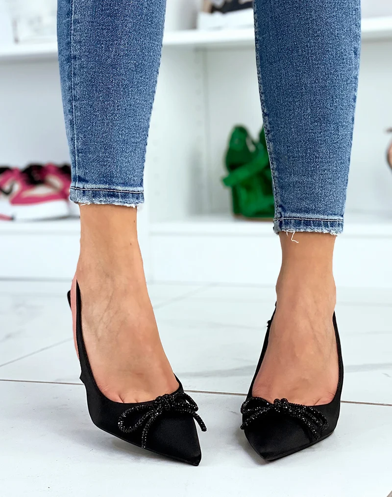 Escarpins noirs à noeud avec strass et talon fin