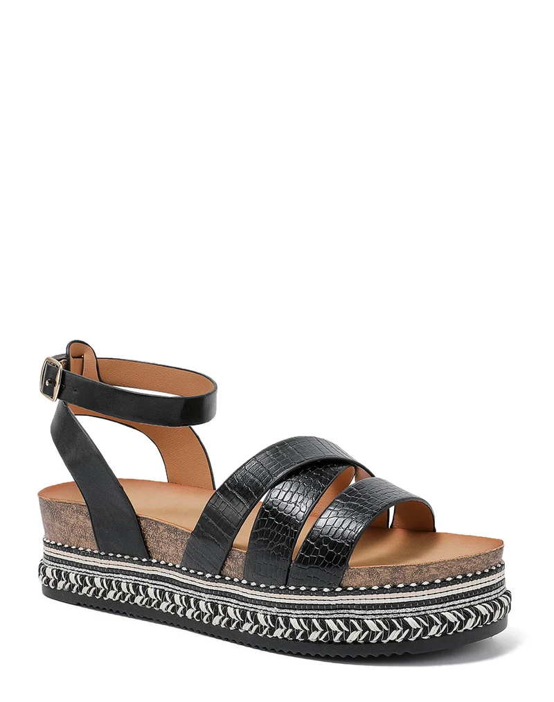 Sandales noires effet croco avec semelle épaisse et motifs aztèques