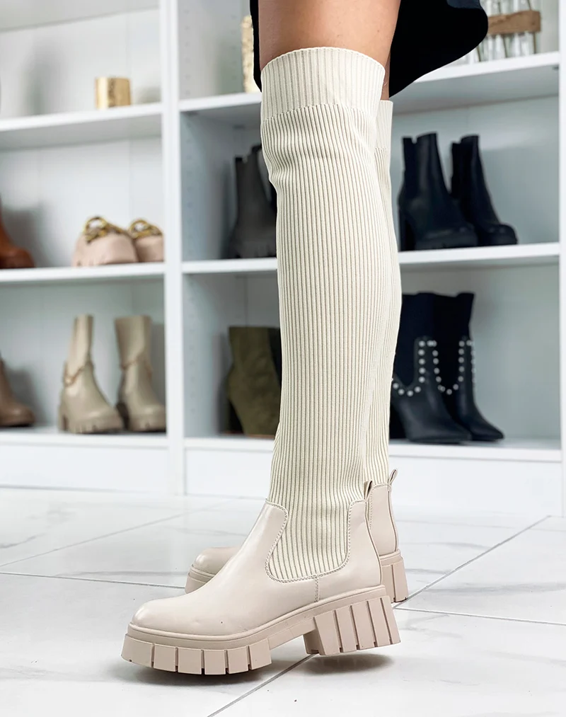 Cuissardes beiges effet chaussette à semelle épaisse