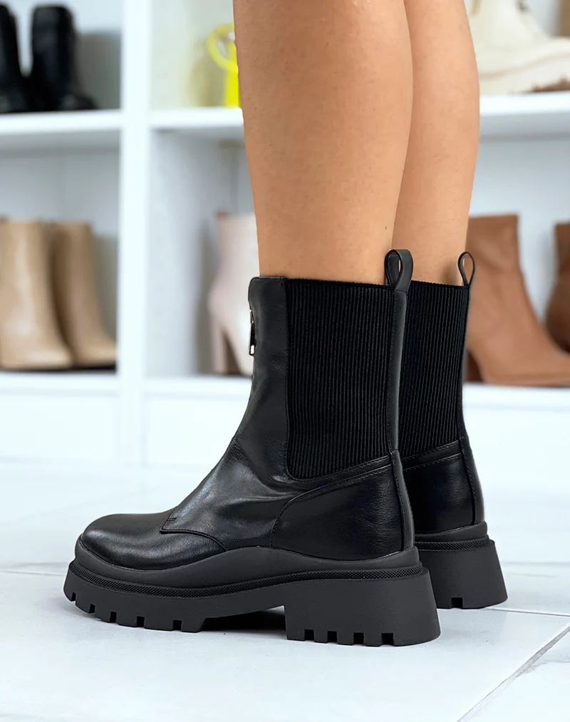 Bottines montantes noires à zip et élastiques