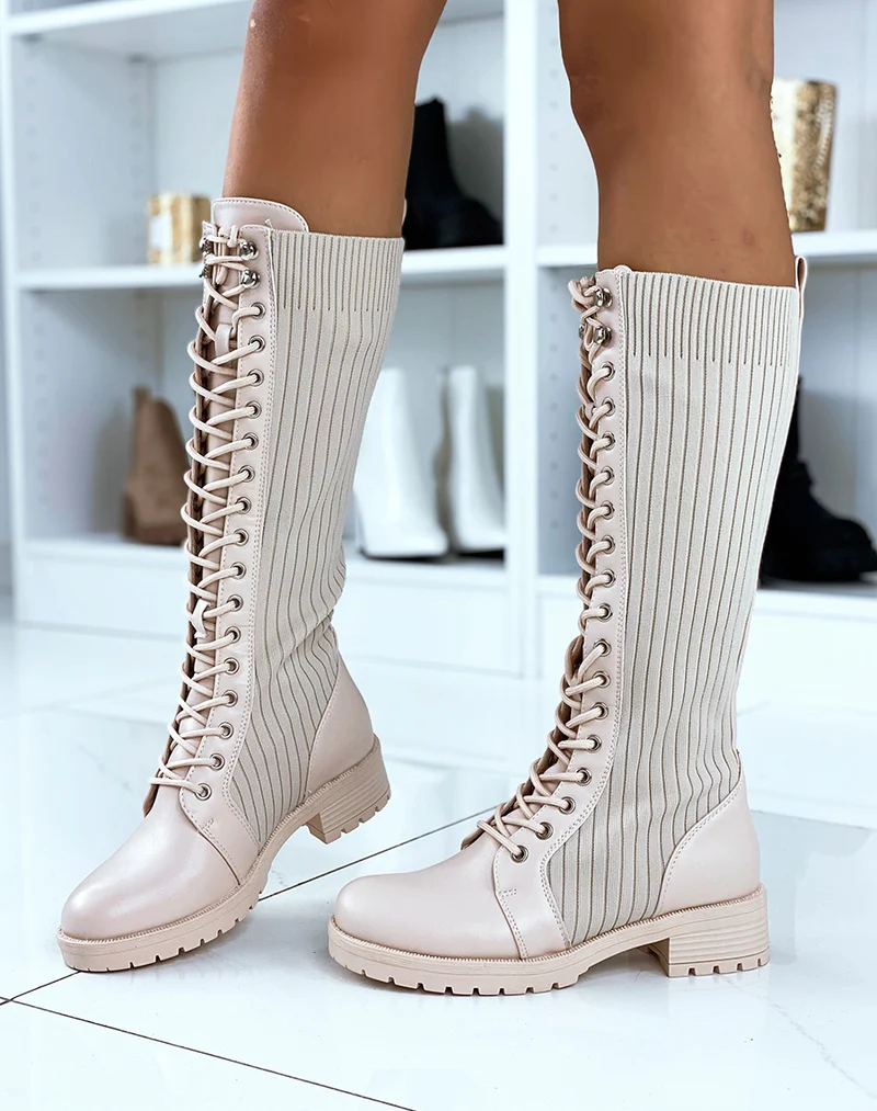 Bottes hautes beiges effet chaussette