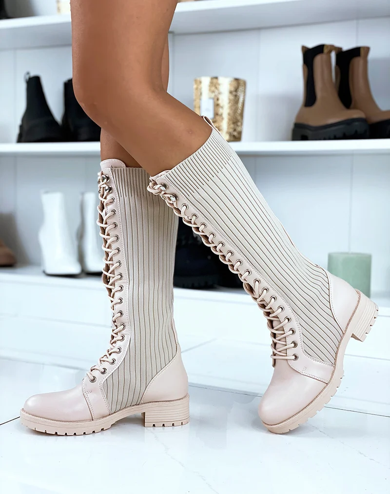 Bottes hautes beiges effet chaussette