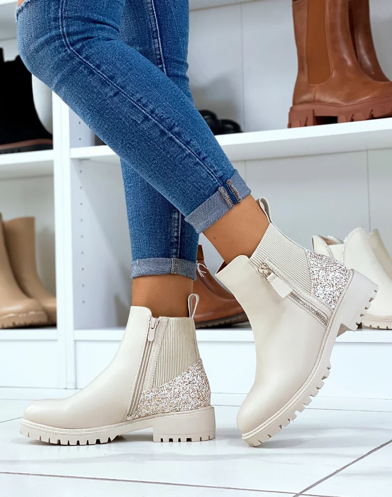 Bottines basses beiges à détails pailletés