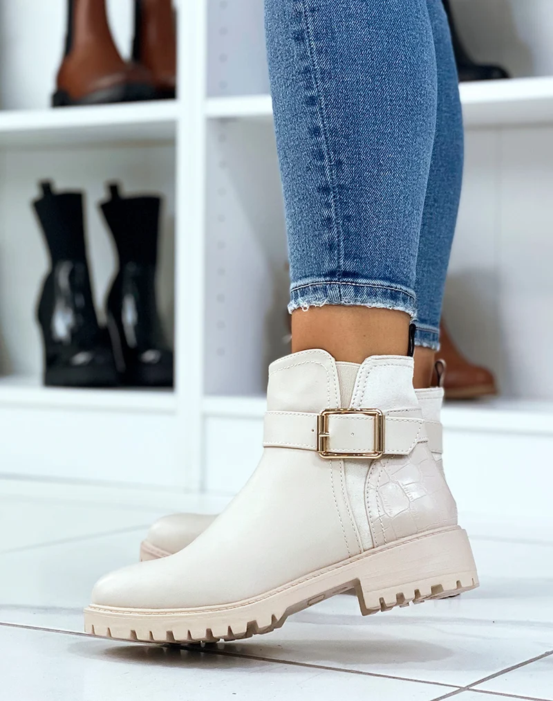 Bottines beiges avec élastique échancré et effet croco