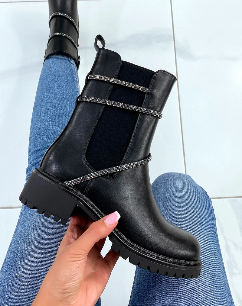 Chelsea boots noires à liseré à strass