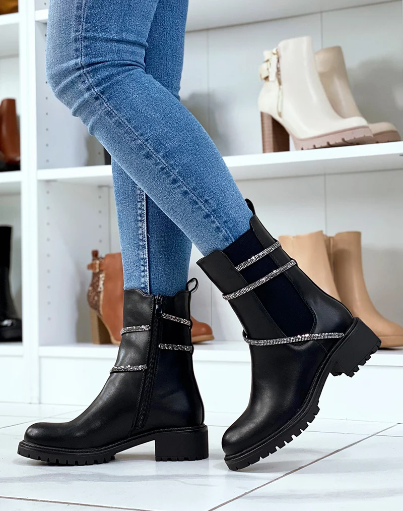 Chelsea boots noires à liseré à strass