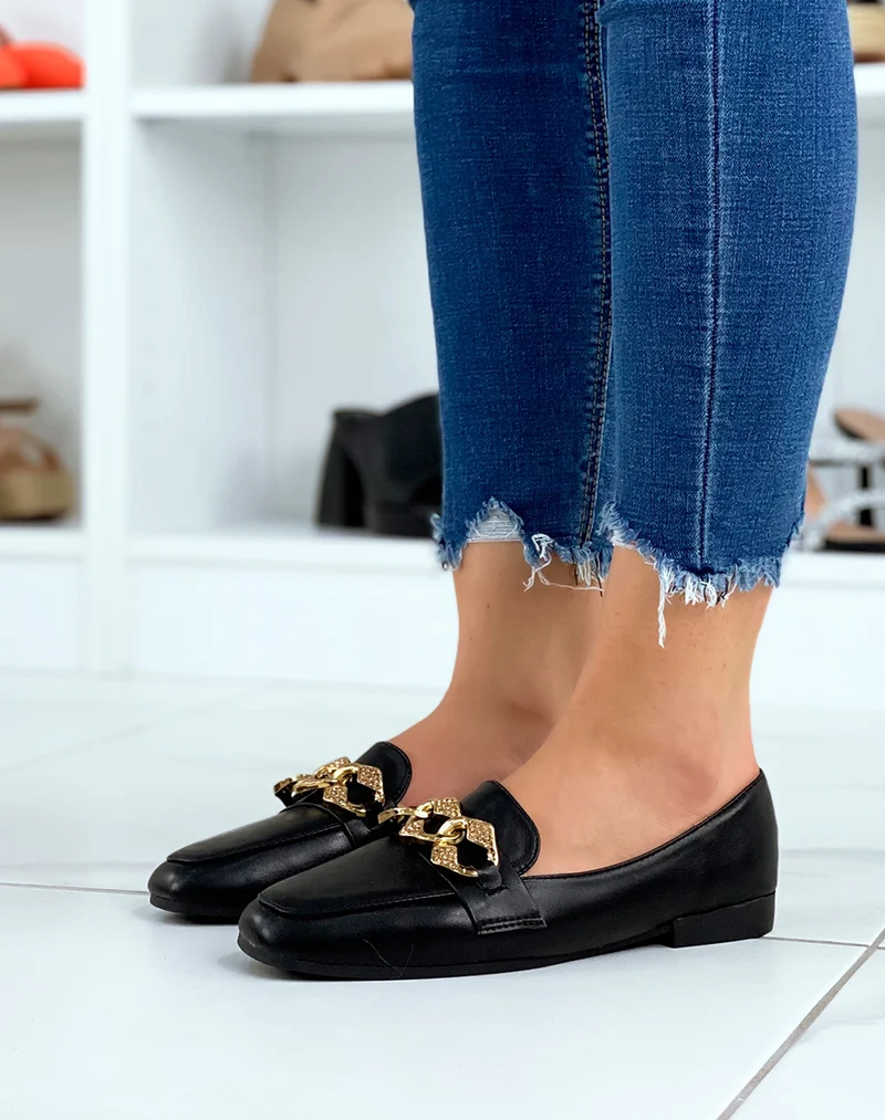 Mocassins noirs à chaîne dorée à strass