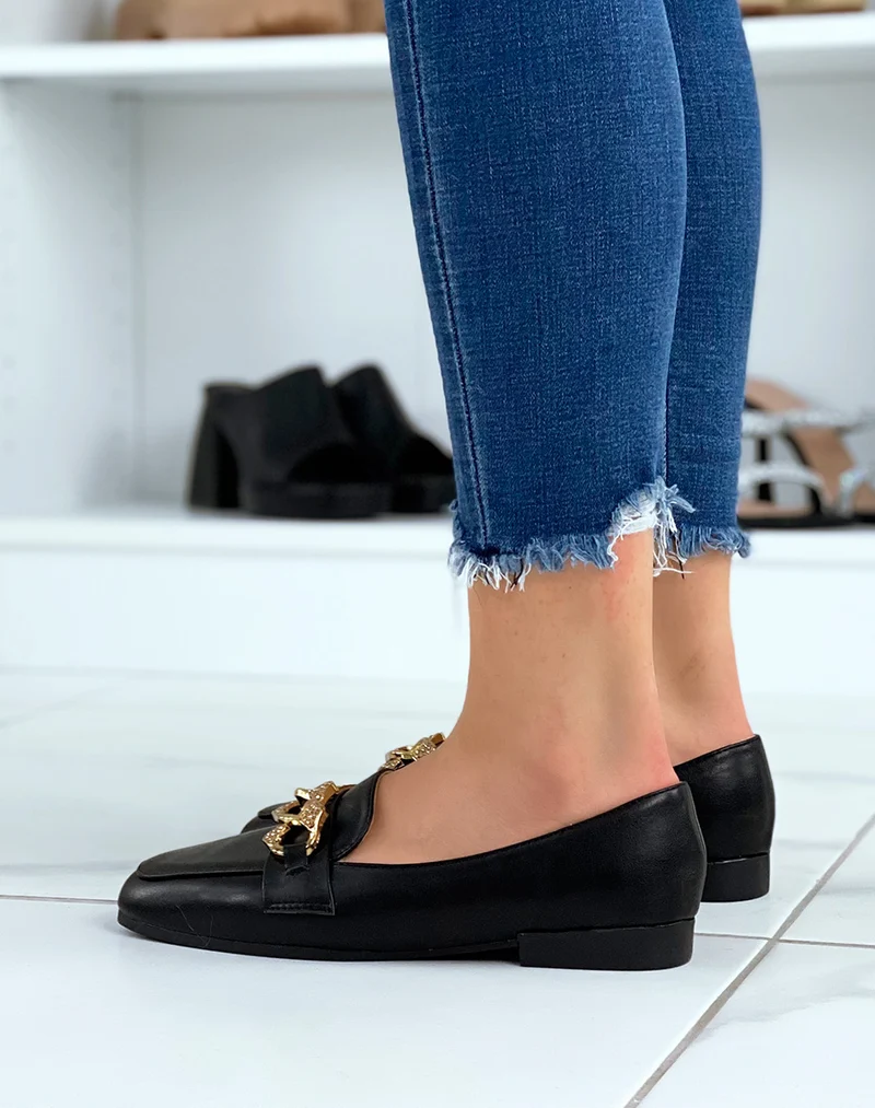 Mocassins noirs à chaîne dorée à strass