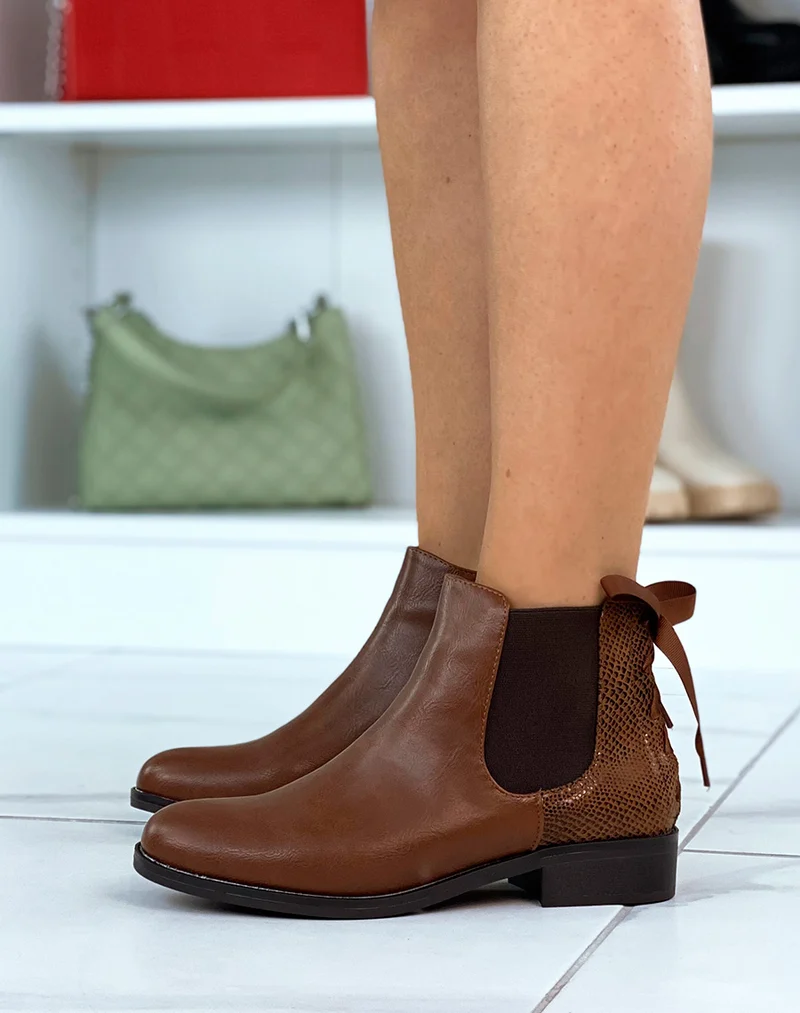 Bottines chelsea camel bi-matière à noeud