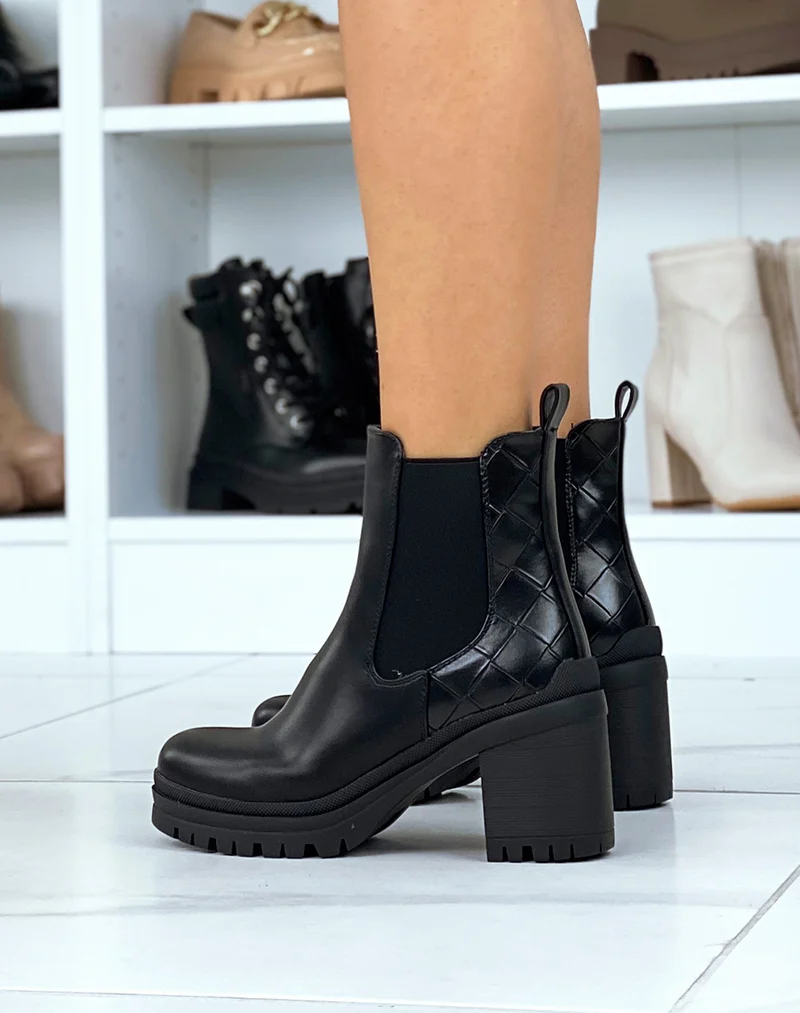 Bottines chelsea noires bi-matières quadrillées à talon