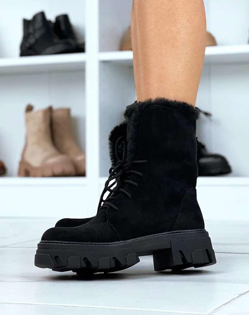 Bottines noires en suédine à fausse fourrure