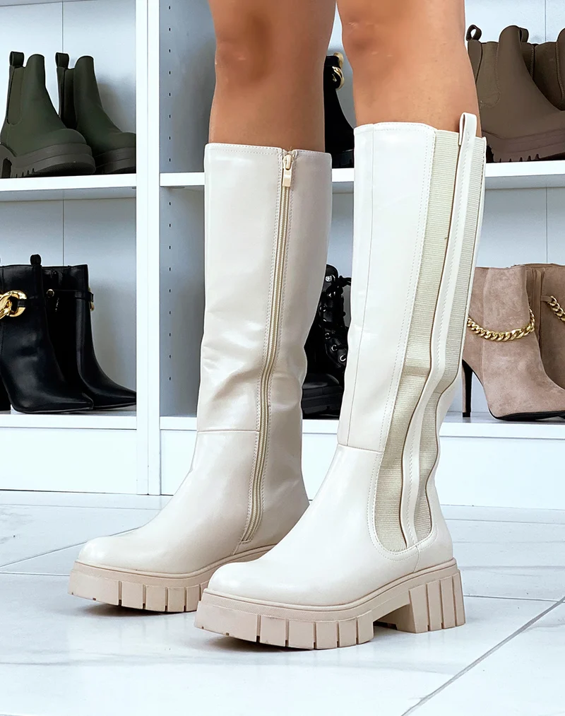 Bottes hautes beiges à semelle épaisse