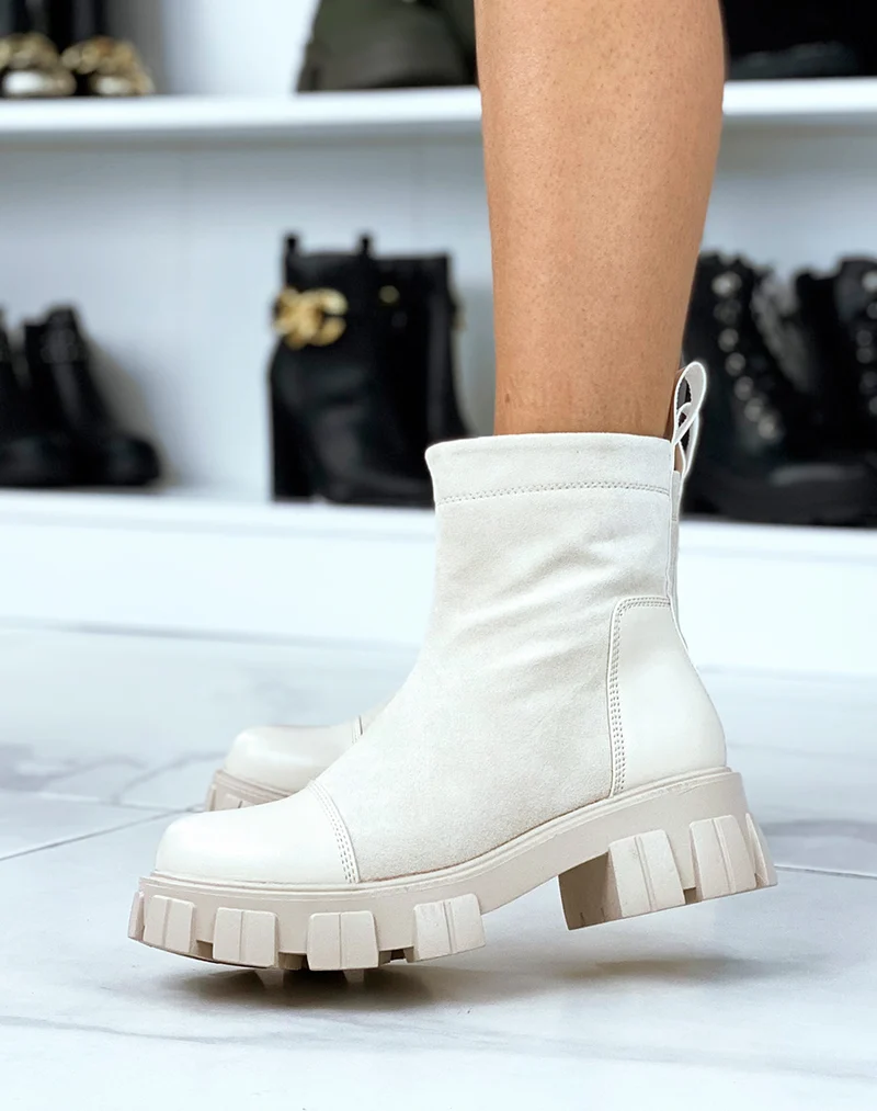 Bottines beiges bi-matières en suédine