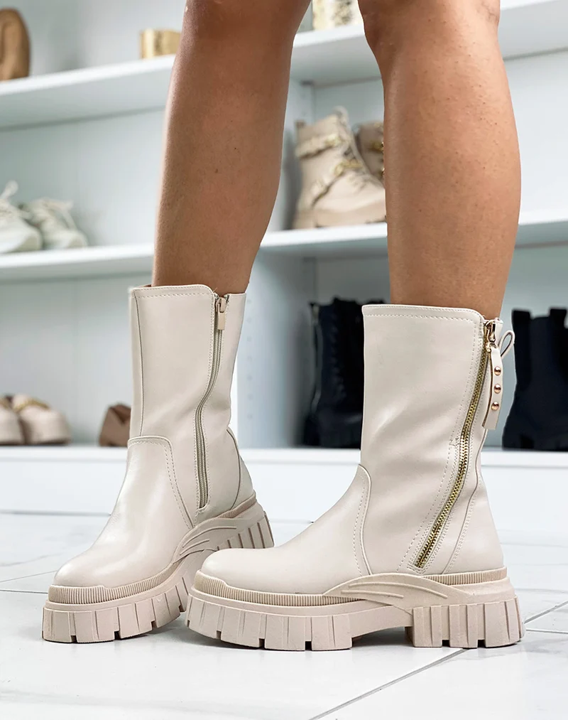 Bottines hautes beiges à zip