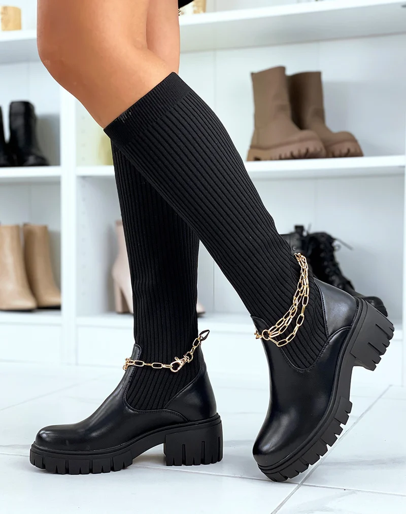 Bottes noires montantes effet chaussette à fines chaines dorées