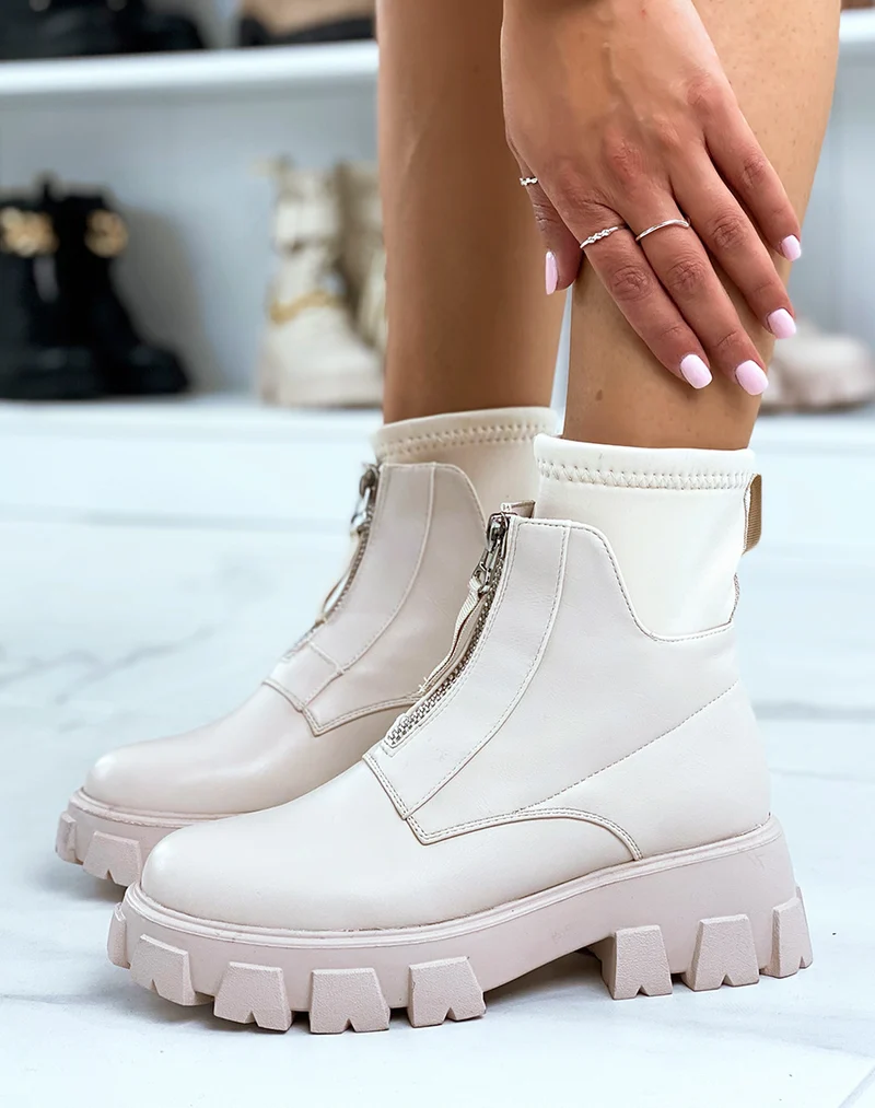 Bottines beiges zipées à grosse semelle crantée effet chaussette
