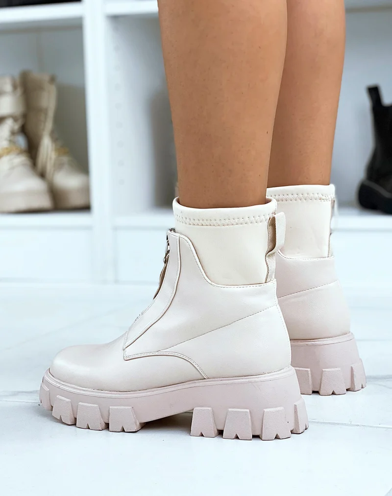 Bottines beiges zipées à grosse semelle crantée effet chaussette