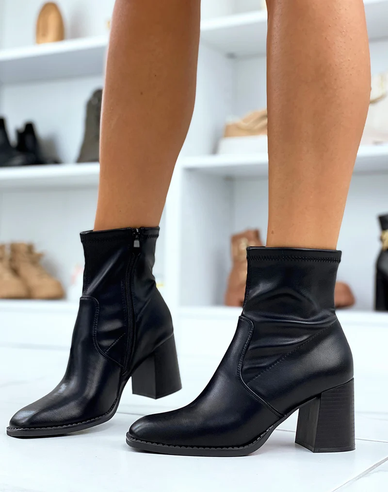 Bottines noires à talon effet chaussette en similicuir