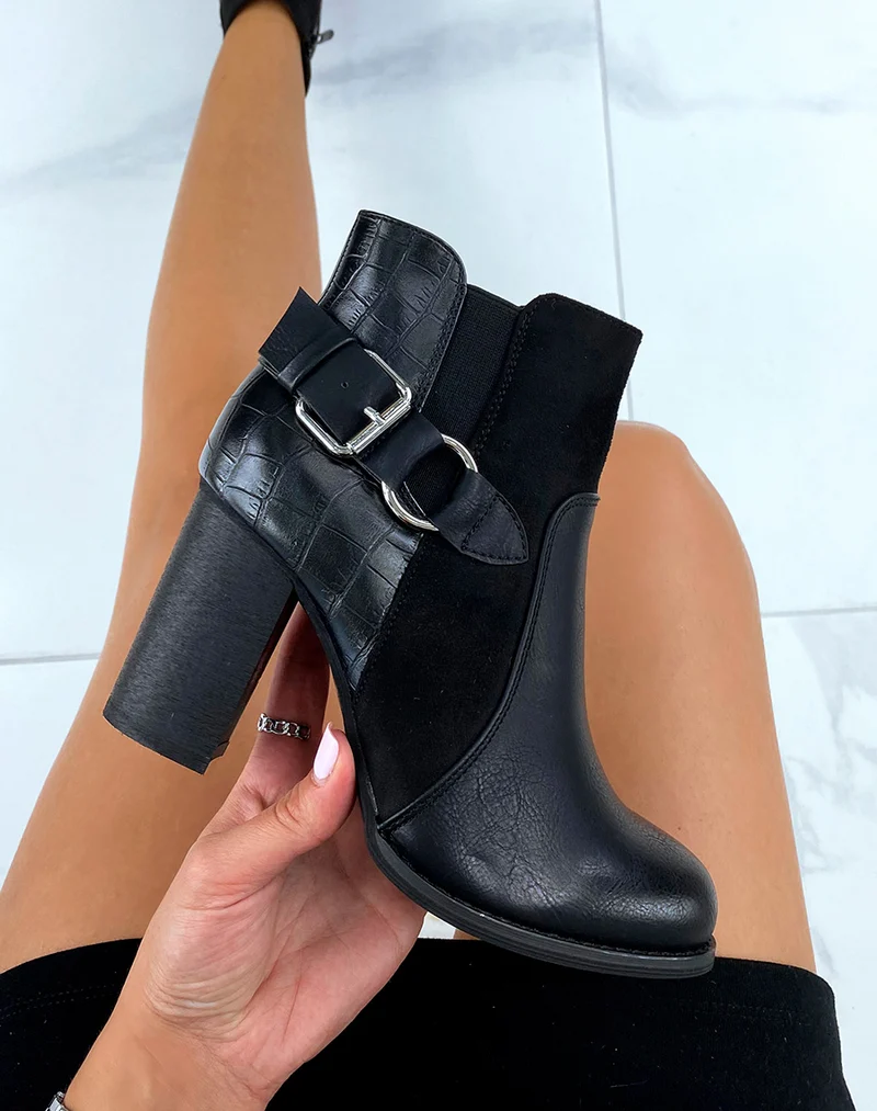 Bottines à talon noires bi-matières