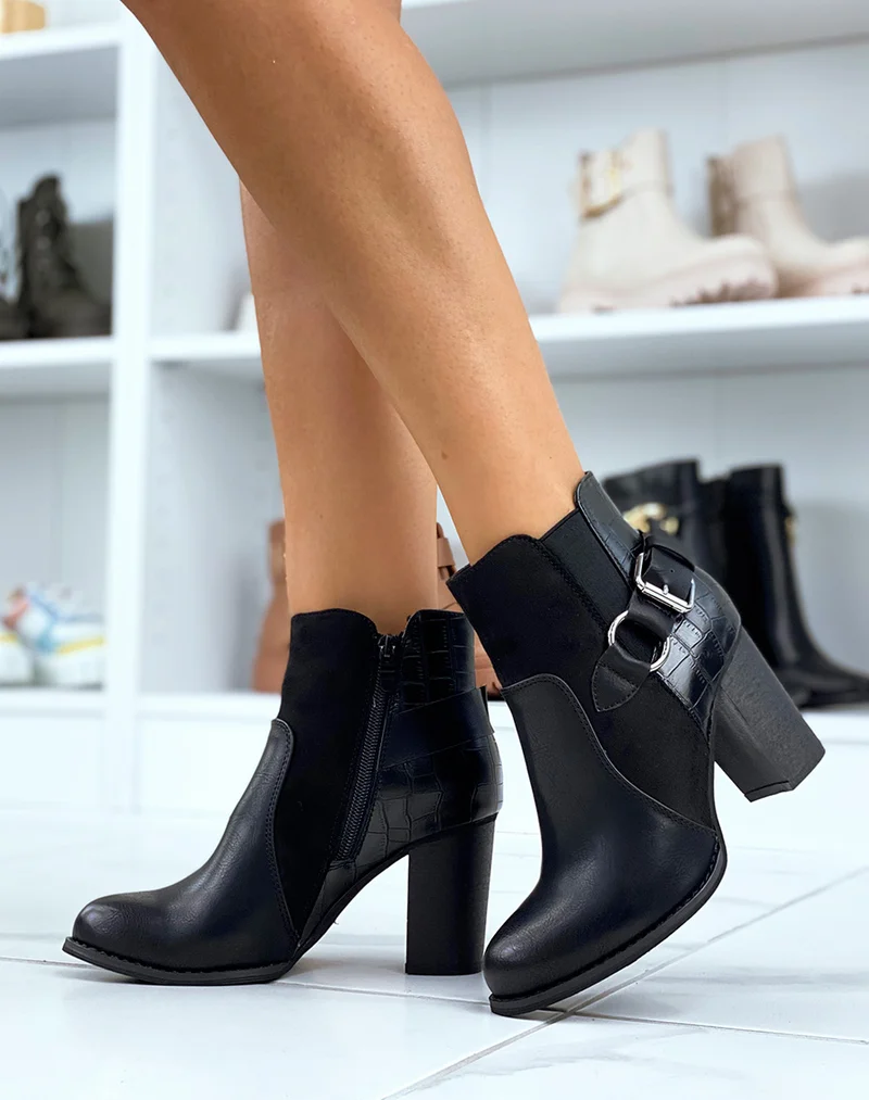 Bottines à talon noires bi-matières